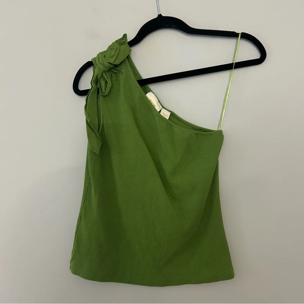 Anthropologie Maeve Green Ribbed One Shoulder Tie Top - Picture 2 of 6